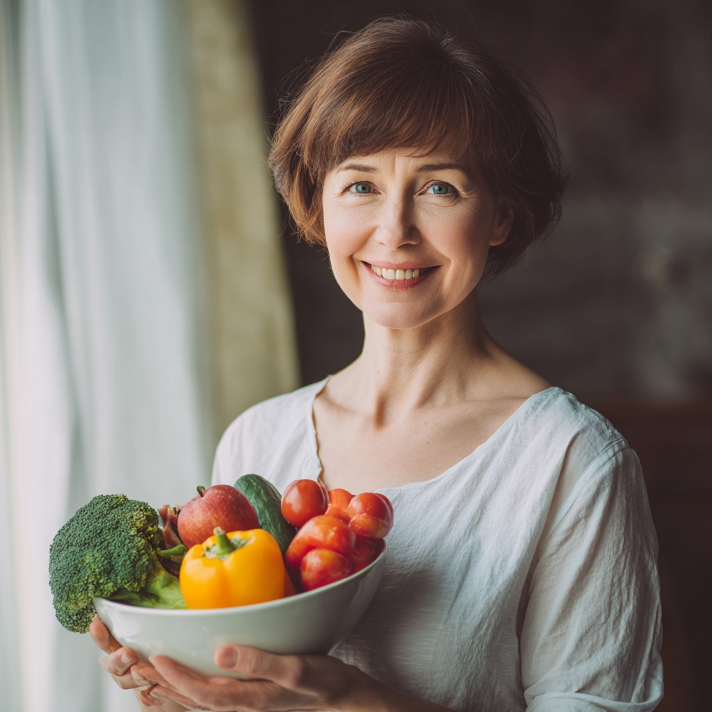 Smiling middle-aged Ukrainian woman with short brown hair holding a bowl of fresh vegetables and fruits, natural lighting, realistic photography style