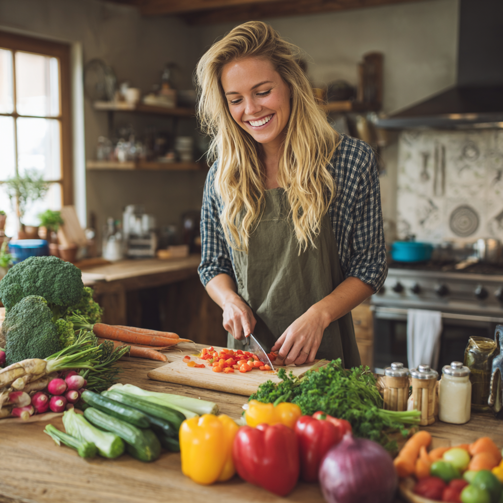 Professional nutritionist, smiling man in his 40s with short dark hair wearing white coat, holding healthy food ingredients, bright clinical setting, realistic photography style