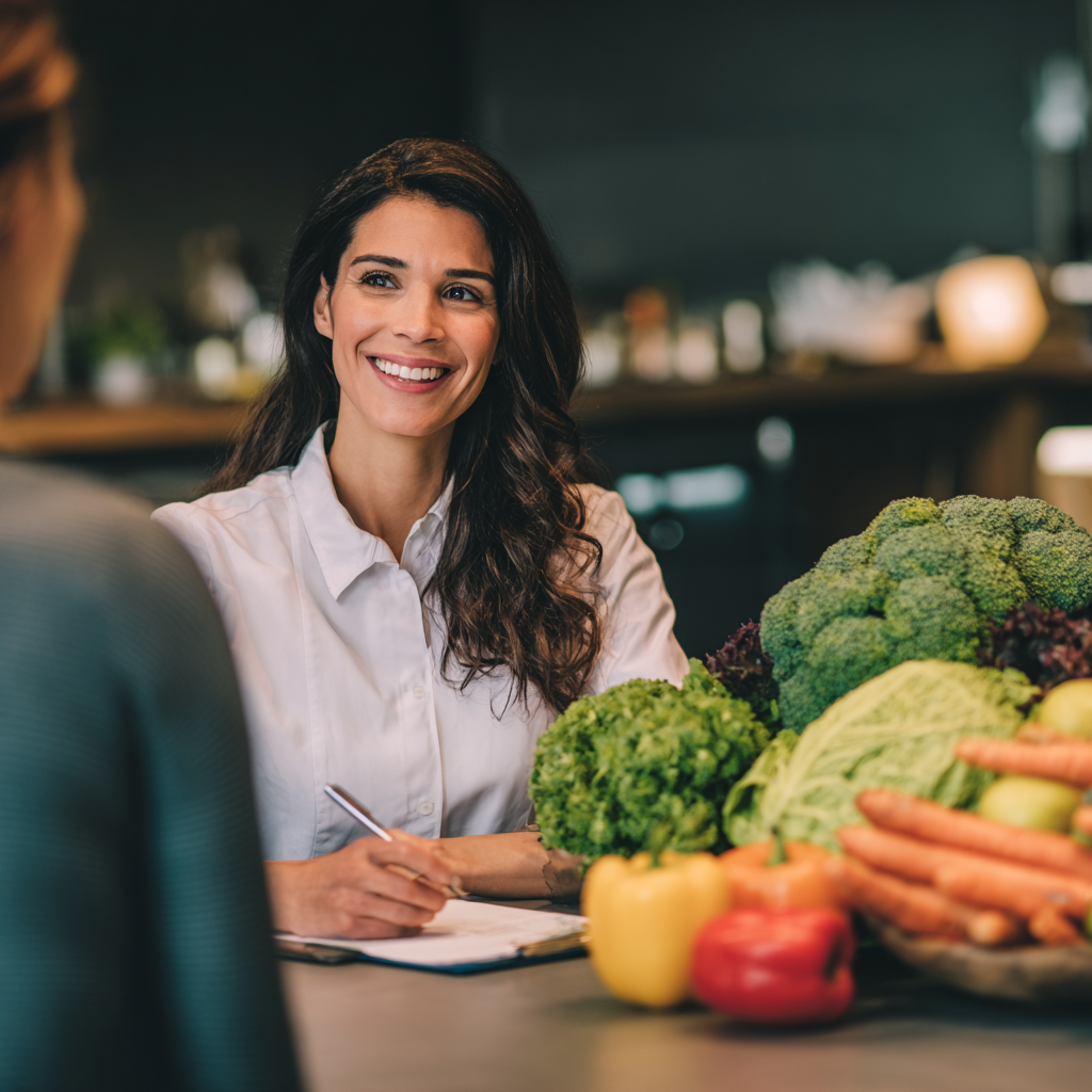 Young smiling woman with blonde hair in kitchen preparing fresh colorful vegetables and fruits on wooden cutting board, natural daylight, healthy lifestyle photography