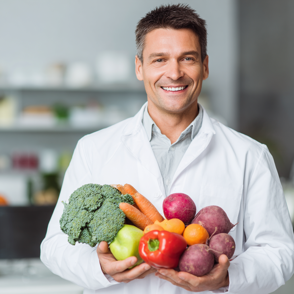 Happy nutritionist consultation, professional woman with dark hair smiling while discussing healthy meal plan with client, modern office setting, realistic photography style